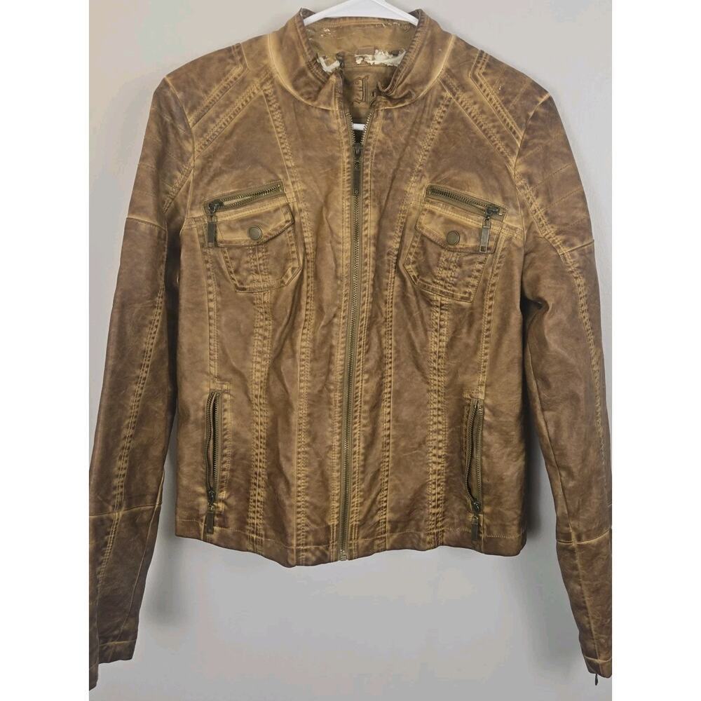 THRASHED J2 Camel Brown Faux Leather Jacket Crop LARGE Moto Steampunk Grunge Y2K